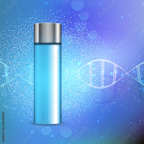 Blank cosmetic bottle on dna strands background