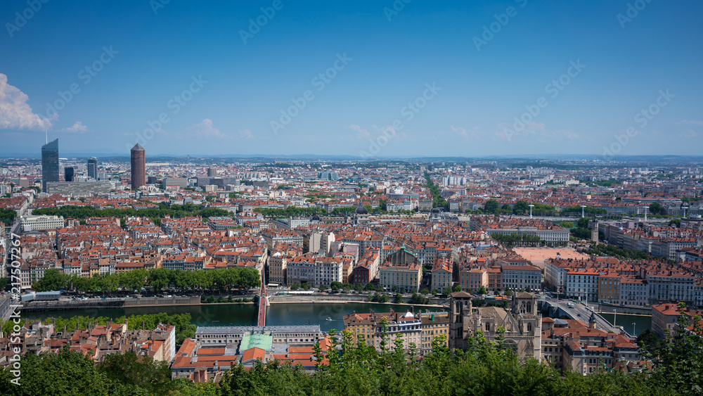 Lyon cityscape panorama from Part-dieu financial district to Bellecour square
