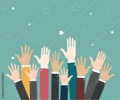 Raise hands. Hand gesturing. Volunteering. Voting. Green background. Vector illustration