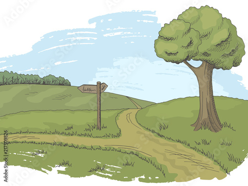 Crossroad pathway graphic color tree landscape sketch illustration vector