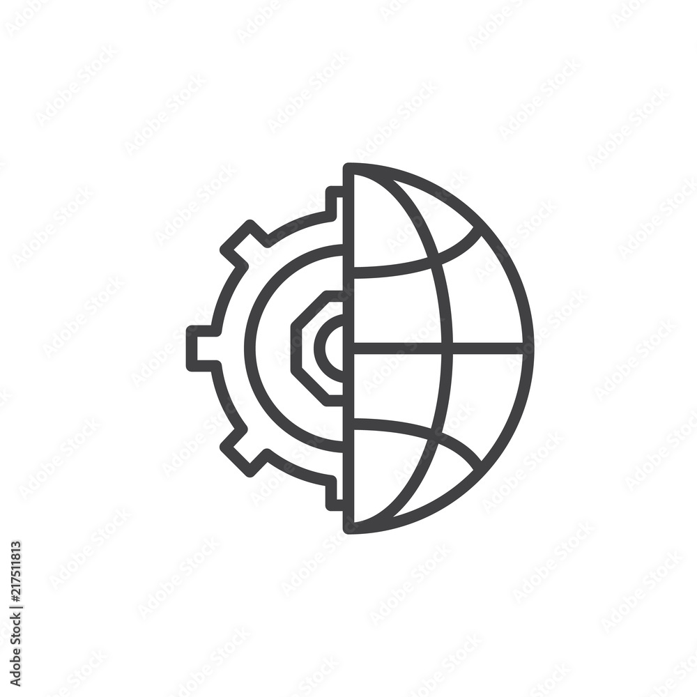 Globe and gear outline icon. linear style sign for mobile concept and web design. Global setting simple line vector icon. Symbol, logo illustration. Pixel perfect vector graphics Globe and gear outline icon. linear style sign for mobile concept and web design. Global setting simple line vector icon. Symbol, logo illustration. Pixel perfect vector graphics