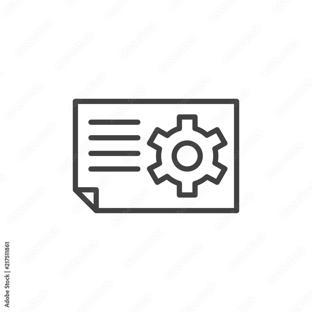 Paper document with gear outline icon. linear style sign for mobile concept and web design. Architectural plan simple line vector icon. Symbol, logo illustration. Pixel perfect vector graphics Paper document with gear outline icon. linear style sign for mobile concept and web design. Architectural plan simple line vector icon. Symbol, logo illustration. Pixel perfect vector graphics