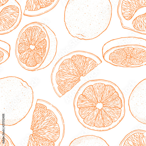 Ink hand drawn seamless pattern of orange fruit. Food element collection. Vintage sketch. Black outline.