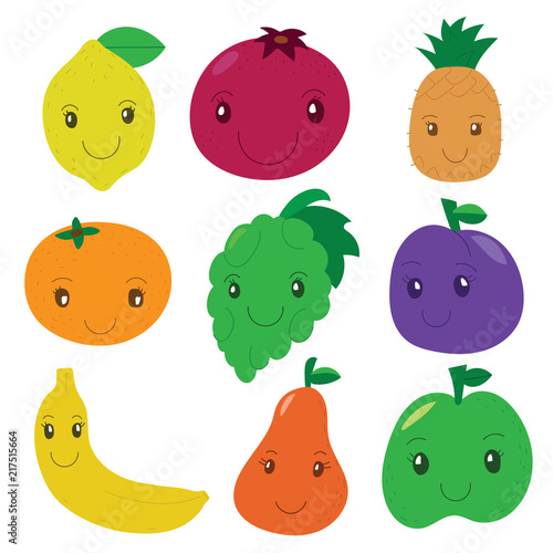 Fruit and berry collection. Vector cartoon smiling characters. Colorful cute set. Fresh healthy food.  Funny lemon, apple, pear, grape, garnet, pineapple, banana, mandarin, plum