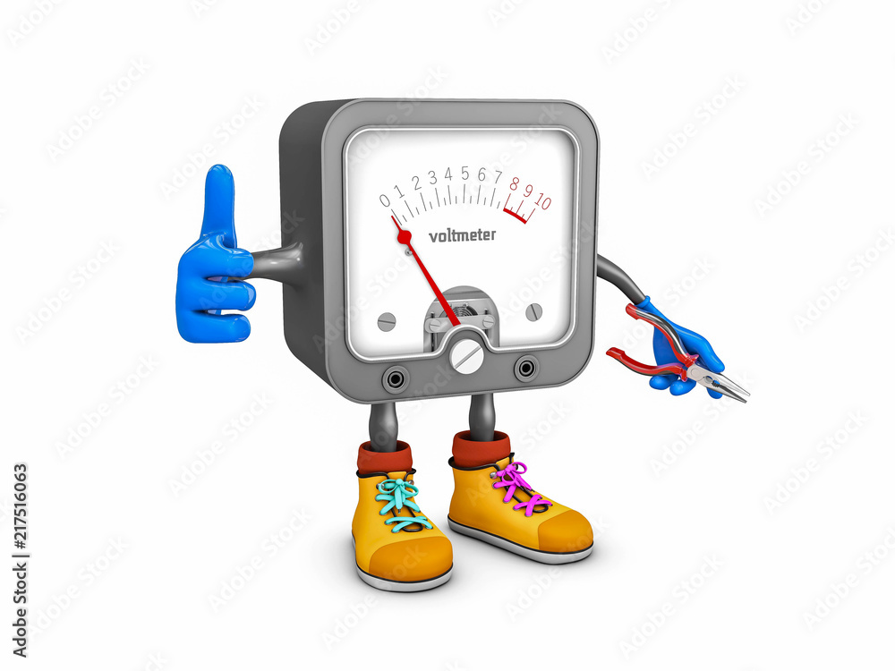 voltmeter character with pliers isolated on white background. 3d illustration voltmeter character with pliers isolated on white background. 3d illustration