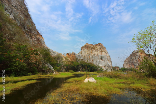 Wide angle shot of rocky mountain of khao Ngu Stone Park , Ratchaburi , Thailand.