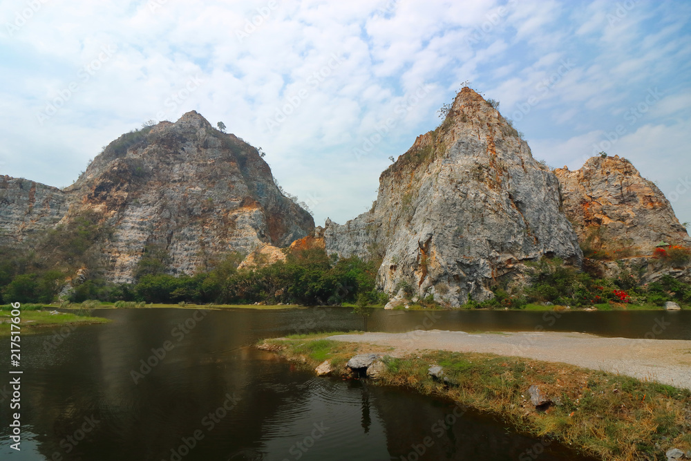 Rocky mountain with water lake of khao Ngu Stone Park , Ratchaburi , Thailand. Rocky mountain with water lake of khao Ngu Stone Park , Ratchaburi , Thailand.