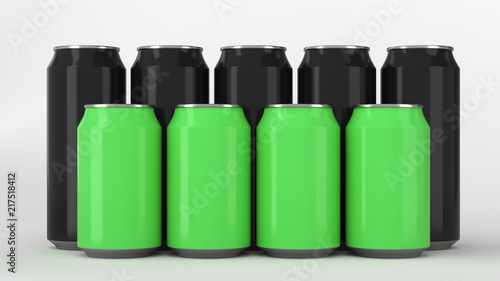  Black and green soda cans standing in two raws on white background
