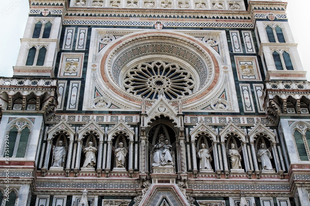 Architectural and decorative elements of the facade of Il Duomo in Florence, Italy