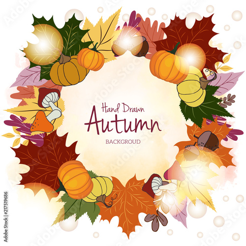 Autumnal wreath frame with colorful leaves on background