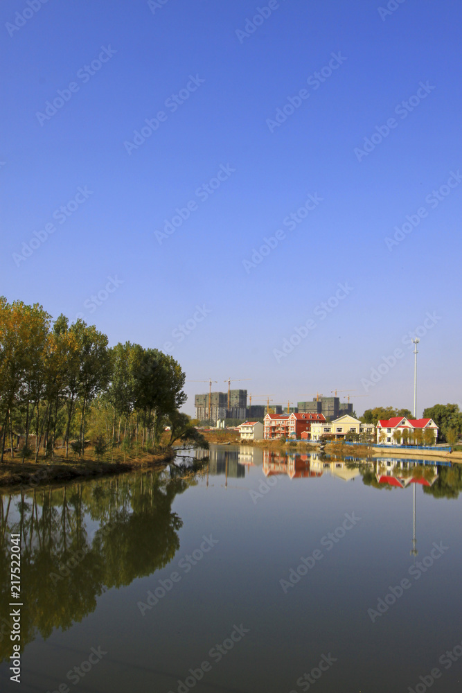lake and architecture landscape in a park