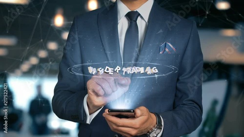 Businessman With Mobile Phone Opens Hologram HUD Interface and Touches Word - INSIDER TRADING