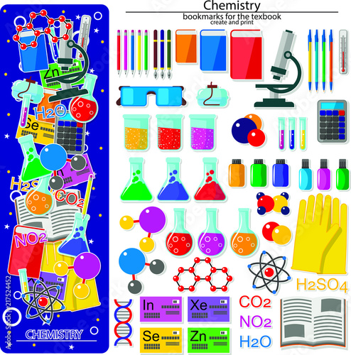 Bookmark creation kit on the chemistry school theme. All elements are located on different layers and can be easily manipulated. © Алексей Цепалов