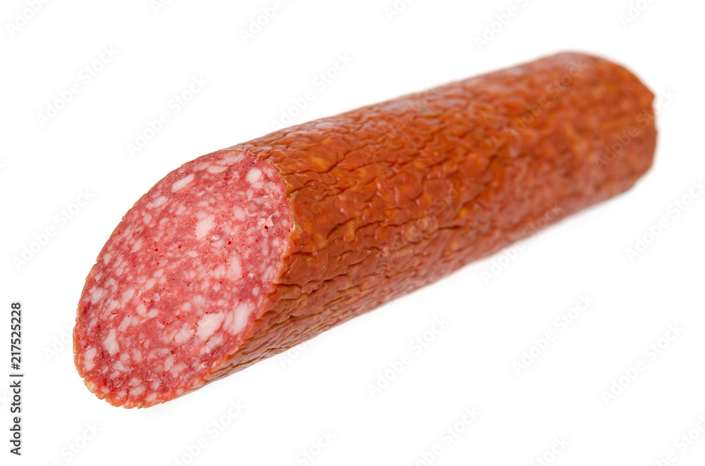 smoked salami sausage piece isolated on white background smoked salami sausage piece isolated on white background