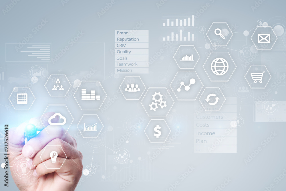 Business and technology concept. Graphs and icons on virtual screen background. Business and technology concept. Graphs and icons on virtual screen background.