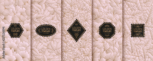 Set of golden luxury templates. Gold autumn leaves background. Vector illustration.