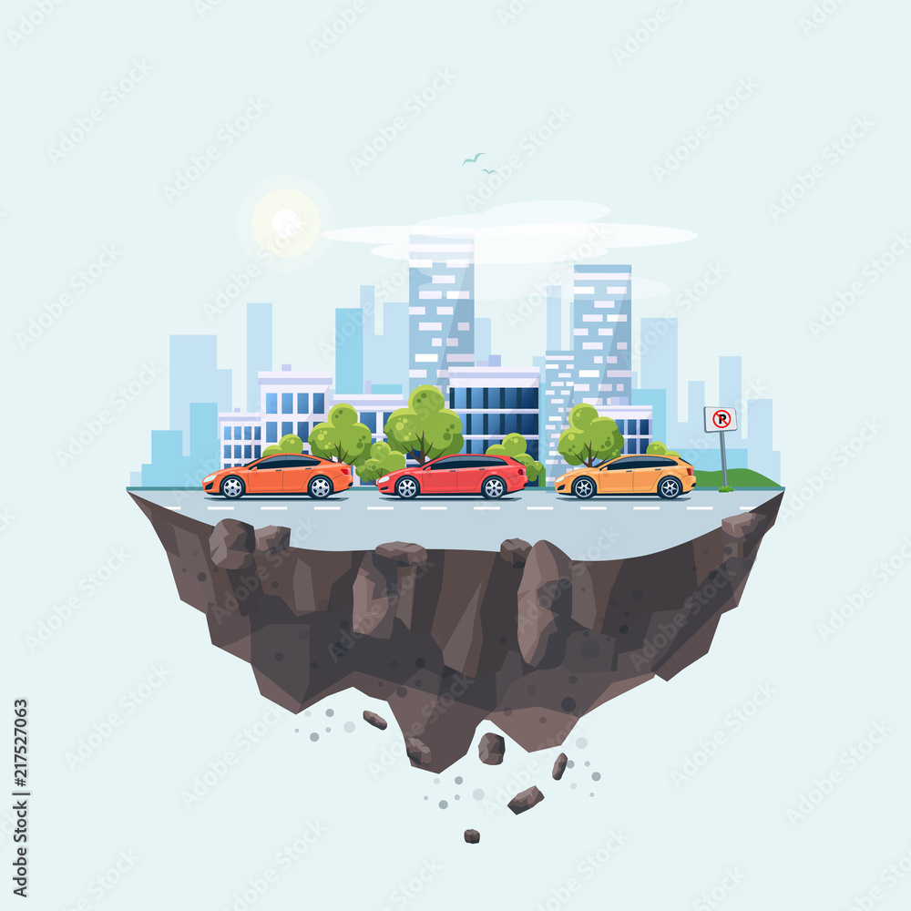 Flat vector illustration of cars parking along the city street on the earth globe island landscape. Vehicles parked on wrong place with no parking sign. Skyscrapers skyline on blue background.