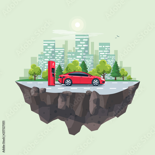 Flat vector illustration of a red electric car charging at the charger station on the street with green city skyline on the flying earth globe island landscape. Electromobility e-motion concept. 