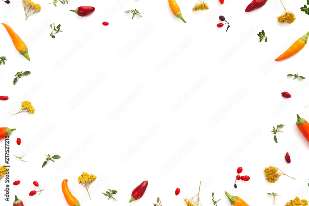 Autumn Background With Red Berries, Yellow Flowers And Colorful Chili Peppers Autumn Background With Red Berries, Yellow Flowers And Colorful Chili Peppers