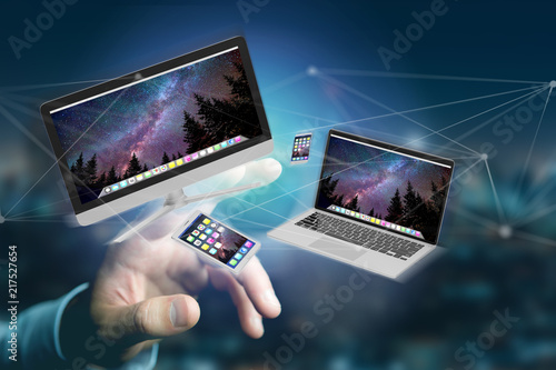 Devices like smartphone, tablet or computer flying over connection network - 3d render