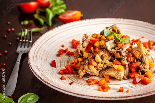 Portuguese cuisine. fried chicken with vegetables in Portuguese. background image. Copy space, selective focus
