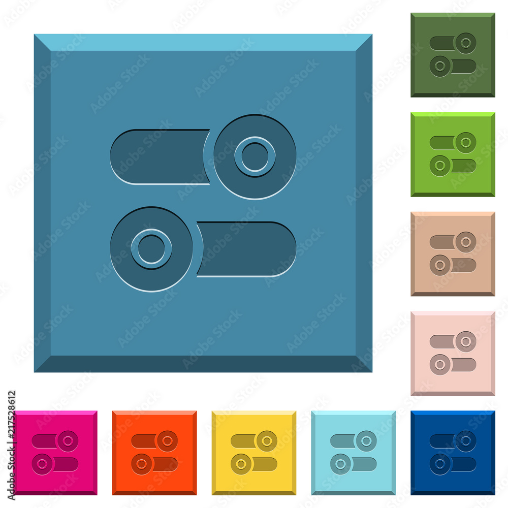 Toggle switches engraved icons on edged square buttons Toggle switches engraved icons on edged square buttons