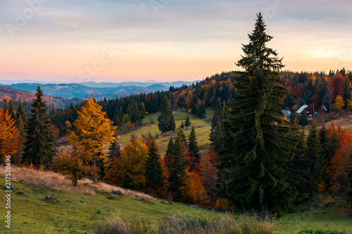 reddish dawn in mountains. beautiful autumn countryside. village near the forest in the distance 