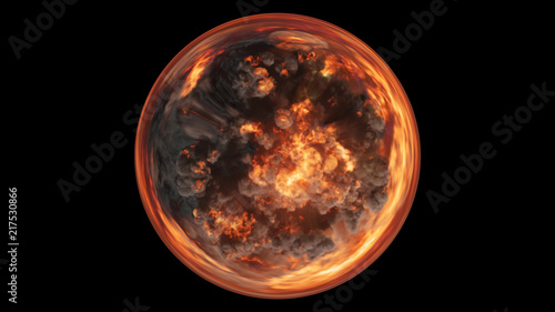 3D render of a spherical composition consisting of voluminous colorful explosions