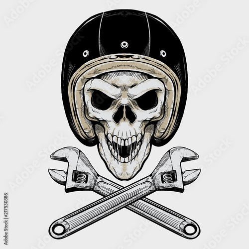 Vintage Biker Skull and Wrench. Isolated artwork object. Suitable for and any print media need.