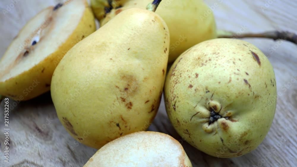Pears on a wooden round table, rotation 360 degrees. 4K Pears on a wooden round table, rotation 360 degrees. 4K