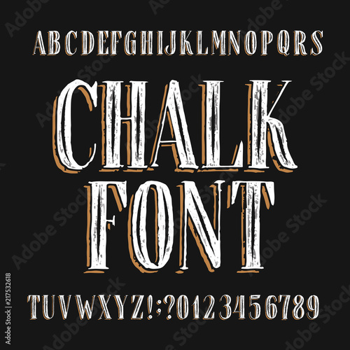 Chalk board alphabet font. Hand drawn messy vintage letters, numbers and symbols. Stock vector typeface.