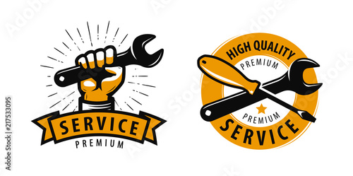 Service work, repair label or logo. Tools concept. Vector illustration photo