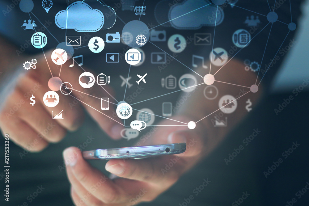Young man using smartphone connecting, Social media concept. Young man using smartphone connecting, Social media concept.