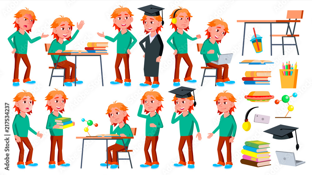 Boy Schoolboy Kid Poses Set Vector. High School Child. Children Study. Smile, Activity, Beautiful. For Web, Brochure, Poster Design. Isolated Cartoon Illustration Boy Schoolboy Kid Poses Set Vector. High School Child. Children Study. Smile, Activity, Beautiful. For Web, Brochure, Poster Design. Isolated Cartoon Illustration