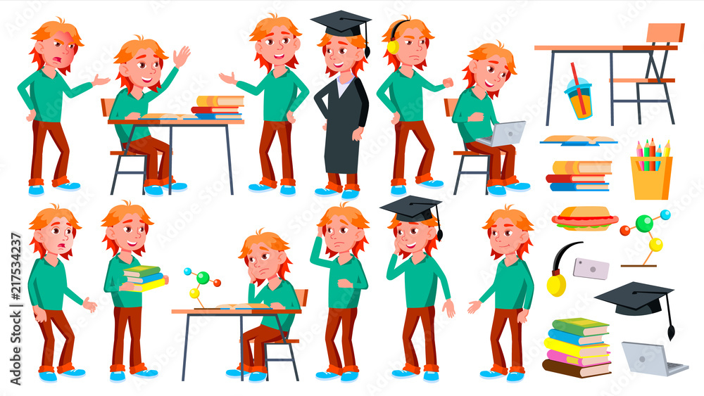 Boy Schoolboy Kid Poses Set Vector. High School Child. Children Study. Smile, Activity, Beautiful. For Web, Brochure, Poster Design. Isolated Cartoon Illustration