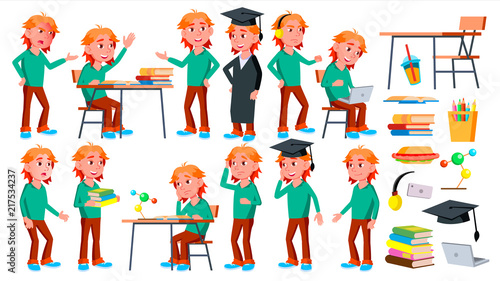 Boy Schoolboy Kid Poses Set Vector. High School Child. Children Study. Smile, Activity, Beautiful. For Web, Brochure, Poster Design. Isolated Cartoon Illustration