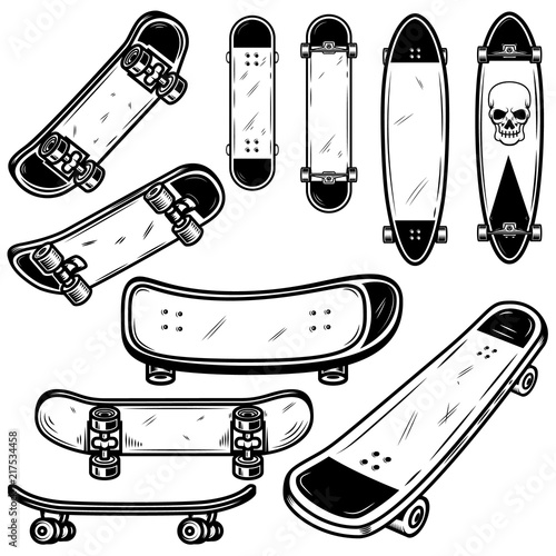 Set of skateboard and longboard illustrations on white background. Design element for logo, label, emblem, sign, badge, t shirt, poster.