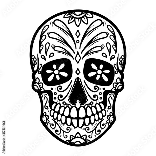 Illustration of mexican sugar skull. Day of the dead. Dia de los muertos. Design element for logo, label, emblem, sign, poster, t shirt.