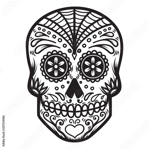 Illustration of mexican sugar skull. Day of the dead. Dia de los muertos. Design element for logo, label, emblem, sign, poster, t shirt.