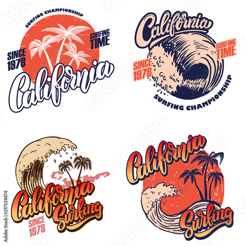 Hawaii surfing club. Miami. Poster templates with lettering and palms.