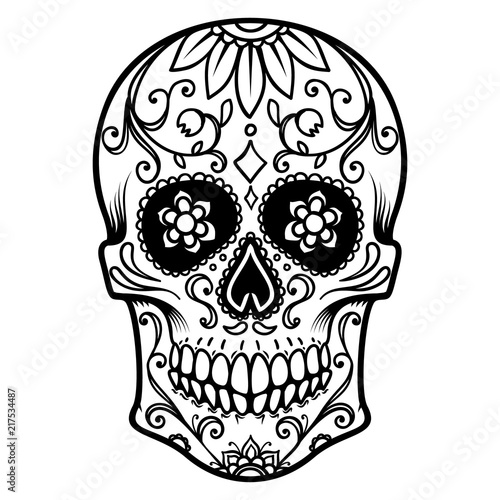 Illustration of mexican sugar skull. Day of the dead. Dia de los muertos. Design element for logo, label, emblem, sign, poster, t shirt.