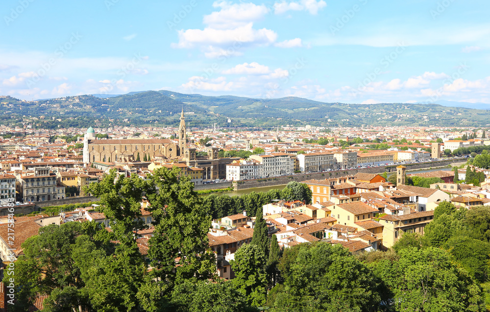 cityscape view of Florence or Firenze city Italy - Arno river - landscape from above
