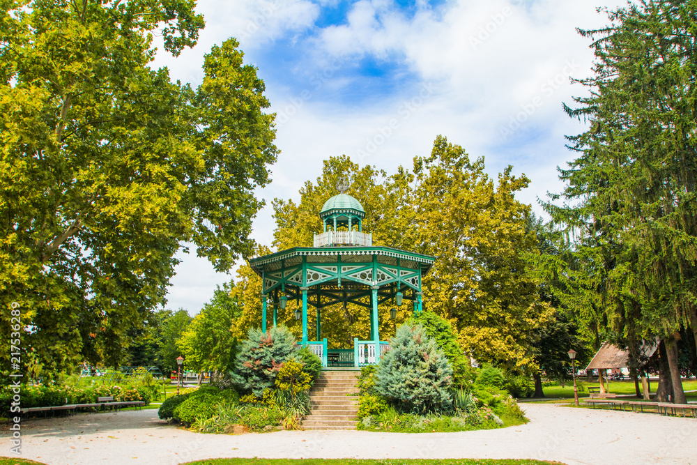 Fototapeta premium Town park and wooden pavilion in Koprivnica, Podravina, Croatia