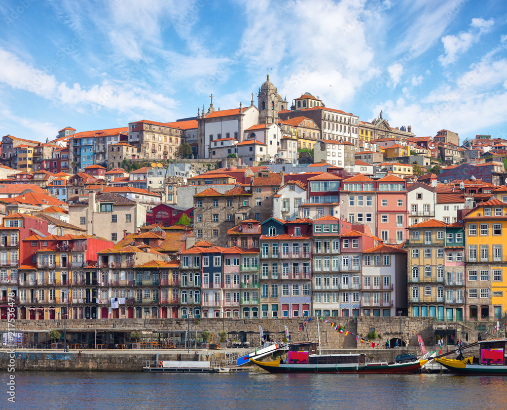 .Scenic view on the historical part of Porto and the Douro river in  sunny spring morning, Portugal.