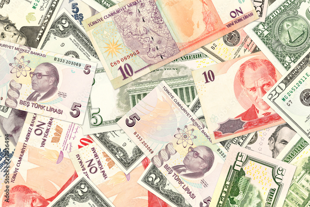 turkish lira and american dollar banknotes indicating bilateral economic relations