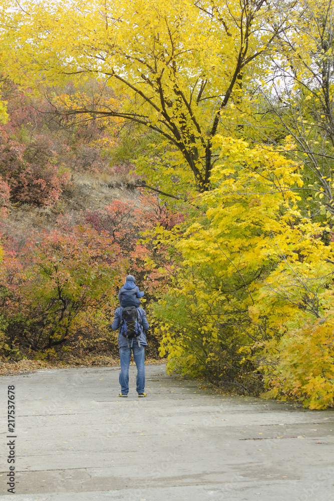 Father and son on their shoulders walk through the autumn park. Back view Father and son on their shoulders walk through the autumn park. Back view