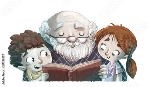 abuelo leyendo con niños un libro photo