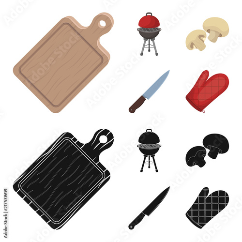 Barbeque grill, champignons, knife, barbecue mitten.BBQ set collection icons in cartoon,black style vector symbol stock illustration,web
