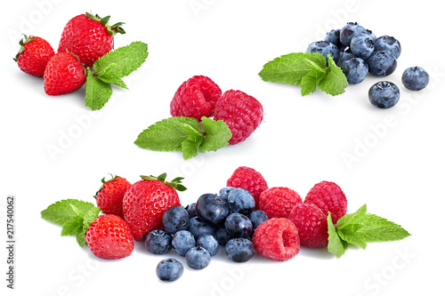Fresh Berries Isolated on the White Background. Ripe Sweet Strawberry, Raspberry, Blueberry