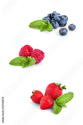 Fresh Berries Isolated on the White Background. Sweet Strawberry  Raspberry  Blueberry